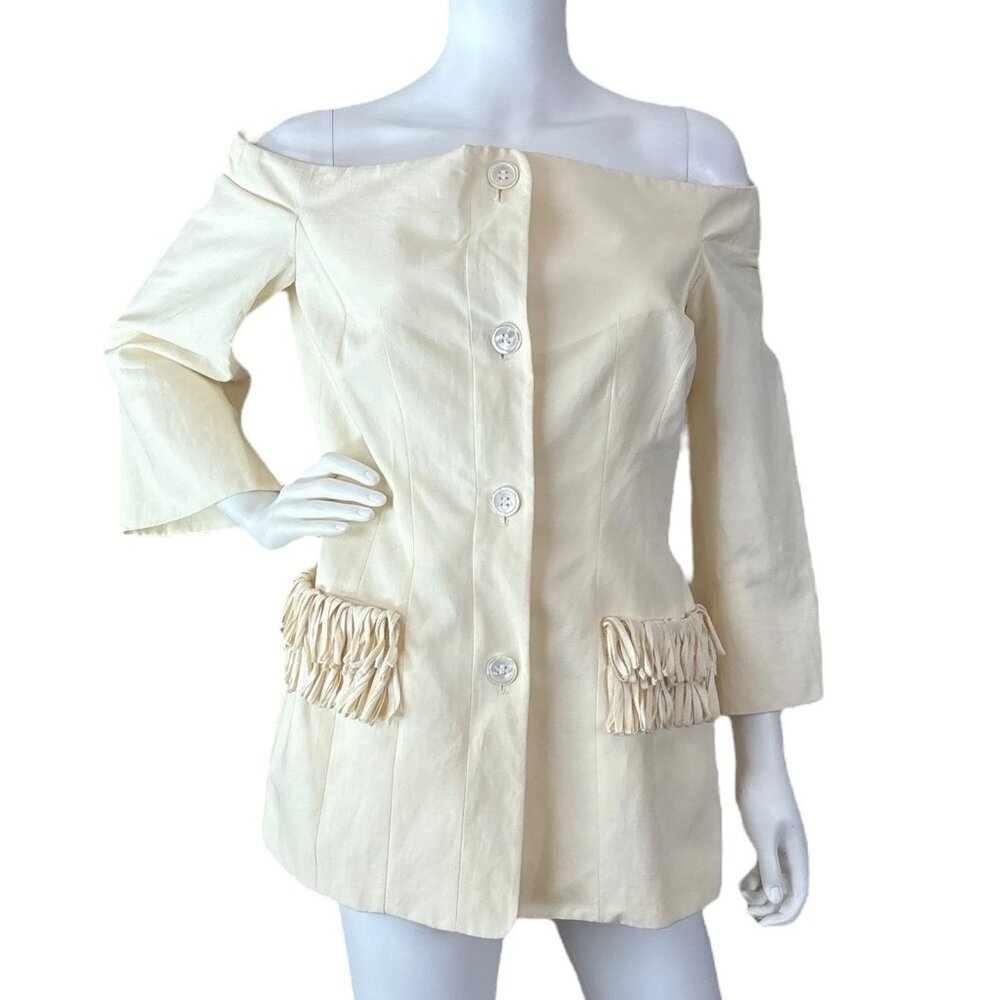 Gianfranco Ferre Italy Off Shoulder Fringe Buttoned Jacket Cream Size 46 US 10